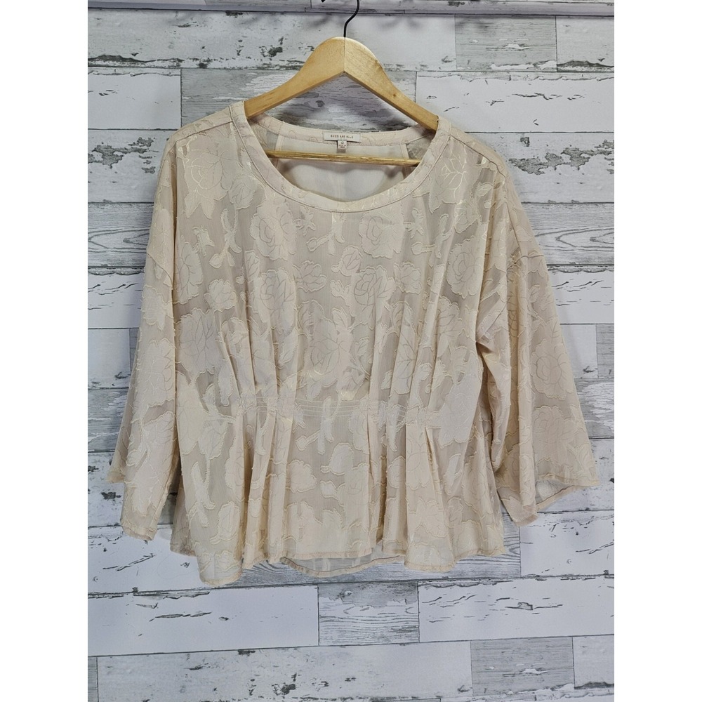 Skies Are‎ Blue Womens Blouse Medium Pleated Front Flower Top Cream